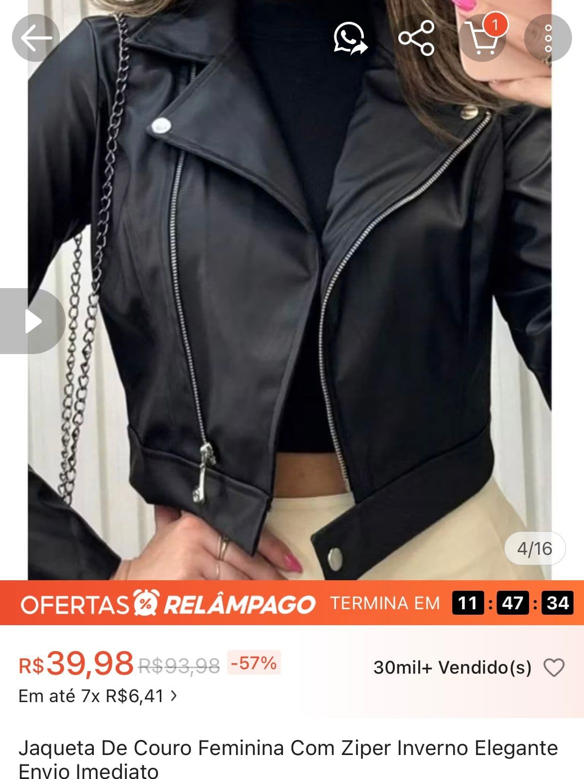 Jaqueta De Coura Feminina Com Ziper Inverno Elegante Envio Imediato